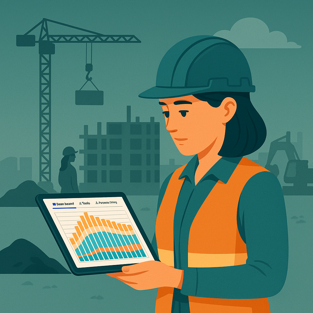 Project manager at a construction site using CapaPlanner to track resource availability and workload trends